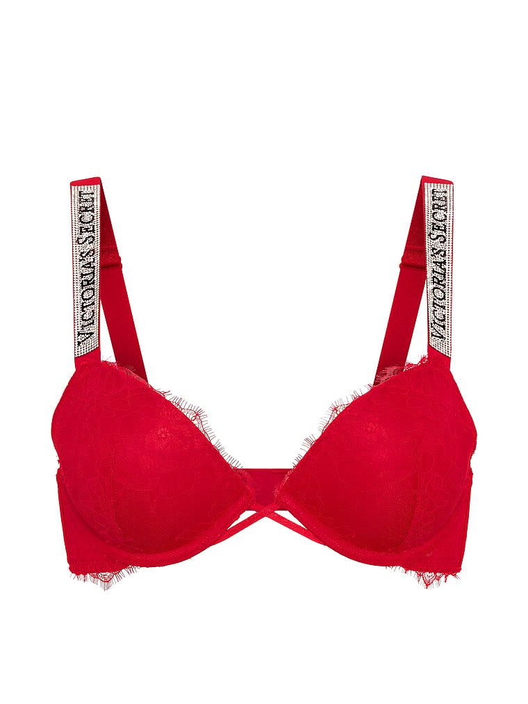 Krajková push-up podprsenka s lesklými ramínky Shine Strap. Produkt je červené barvy a pochází z kolekce Very Sexy.