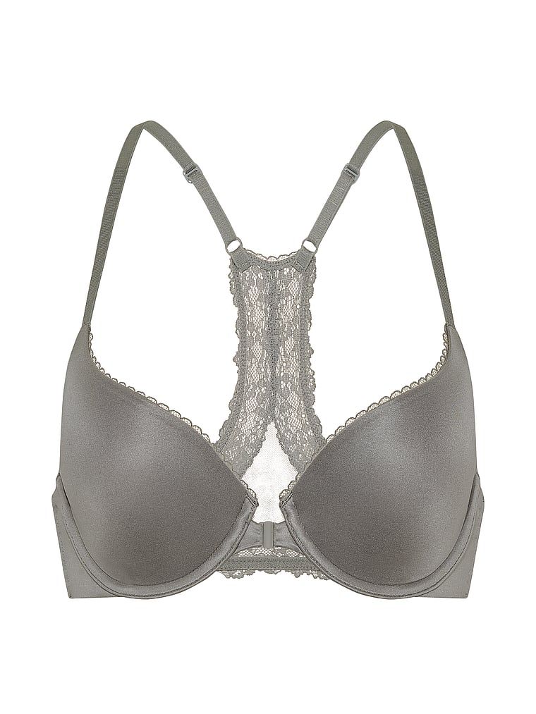 Podprsenka na kliky zapnutá vpředu na Racerbacku. Produkt je šedou barvy, pochází z kolekce Body by Victoria.