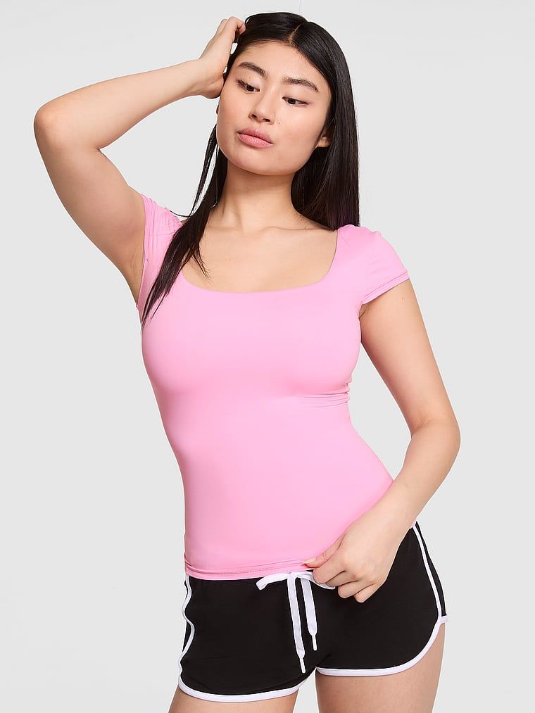 PINK Základní strečové tričko s krátkými křidélkovými rukávy