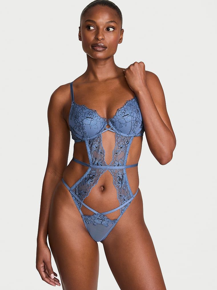 Very Sexy Lehce podšité body Denim s růžovou krajkou a s pásky