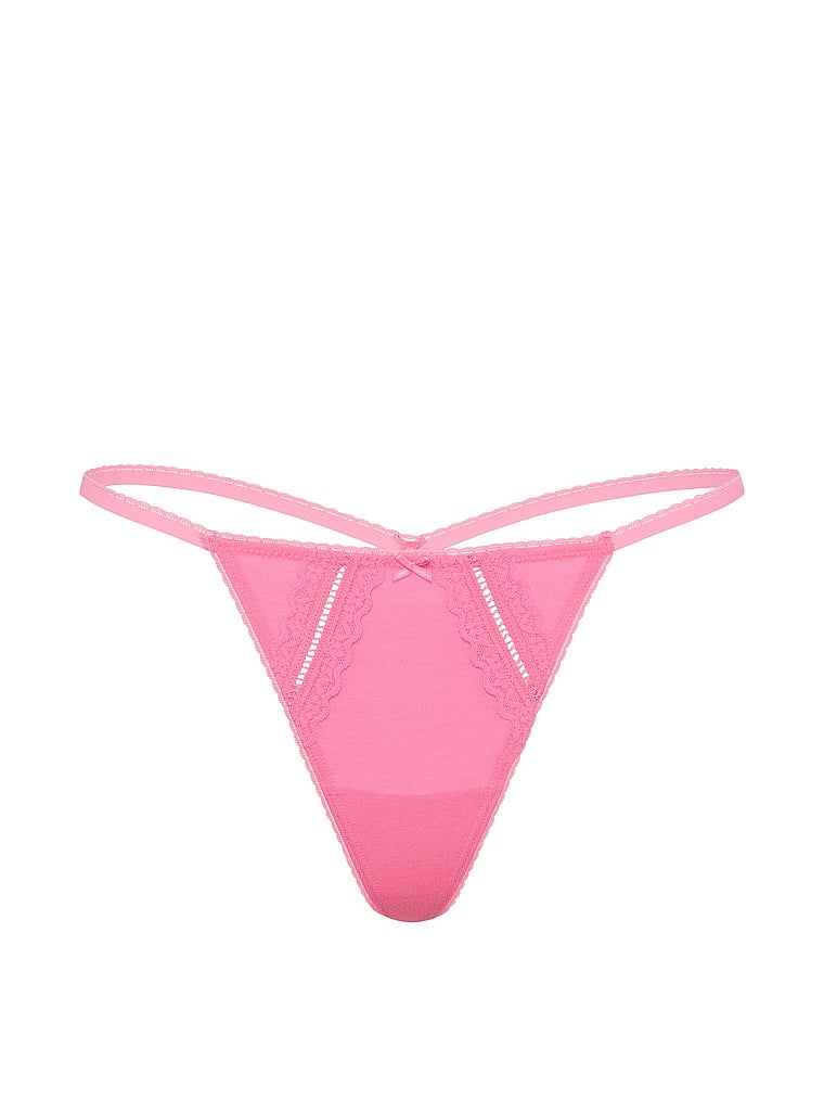 Bavlněné tanga s vložkami na krajku. Produkt je růžové barvy a pochází z kolekce Victoria's Secret.