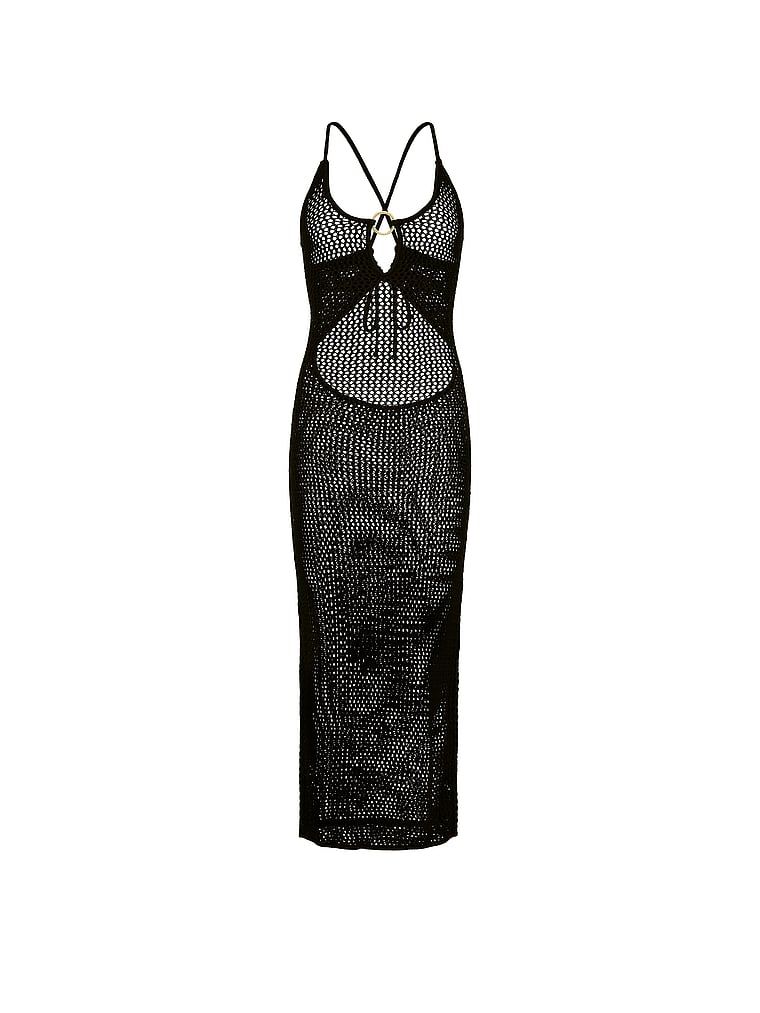 Plážové oblečení s rozkrokem Midi perforované plážové šaty. Produkt je černý a pochází z kolekce Victoria's Secret Swim.