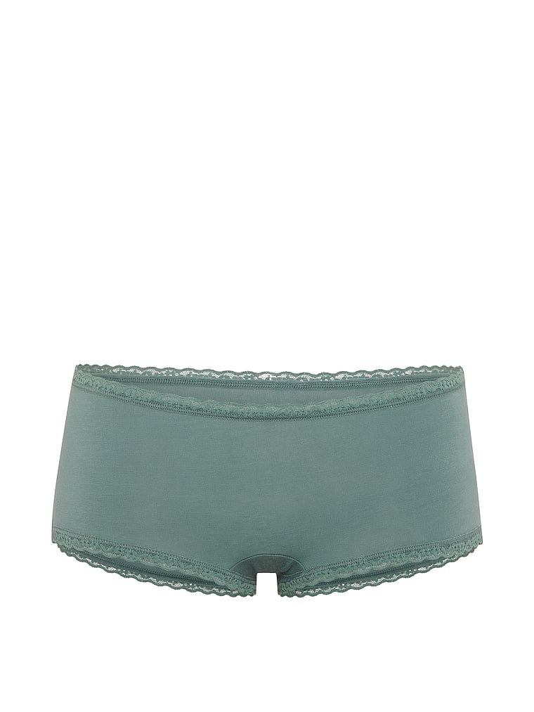 Bavlněné kraťasy s krajkou na okrajích, krajkové šortky s lemováním Boyshort. Produkt je zelené barvy a pochází z kolekce Lace Trim.