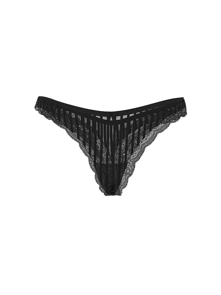 Ramínková tanga s vysoce střiženými nohavičkami Tease Sheer Stripe. Produkt je černý a pochází z kolekce Victoria's Secret.