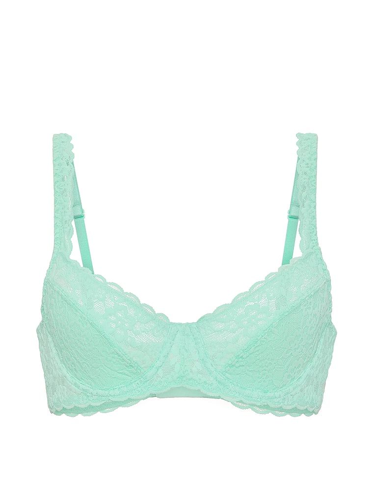 Krajková podprsenka s balkonem bez vycpávky. Produkt je zelené barvy a pochází z kolekce Victoria's Secret.