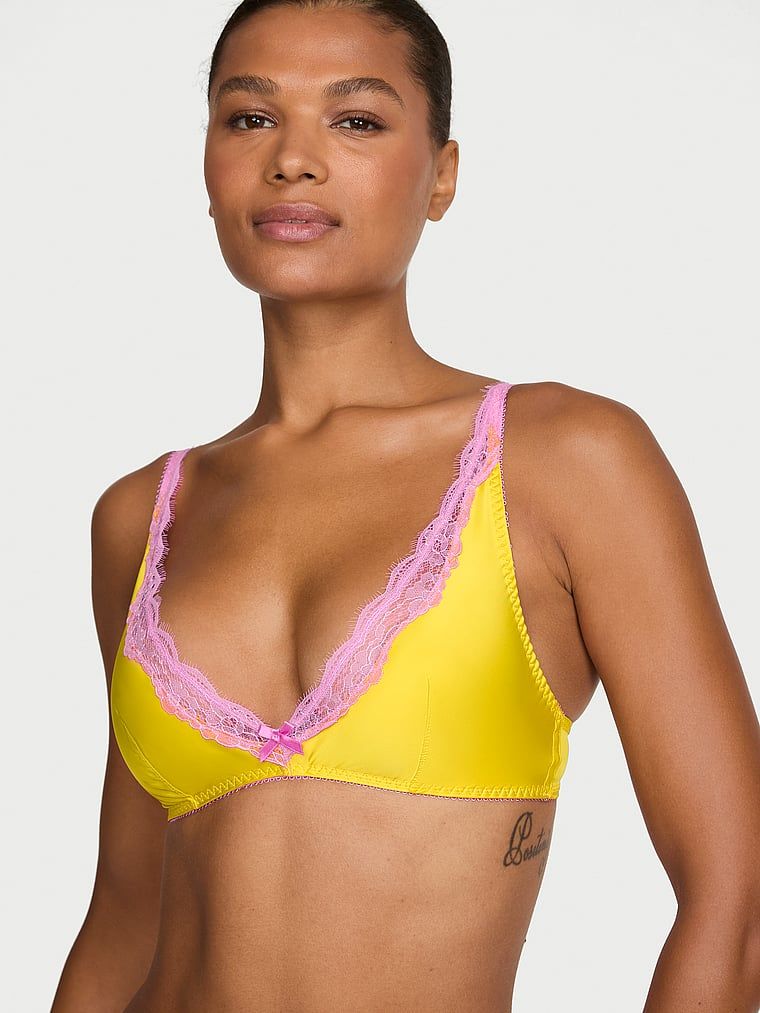 Victoria's Secret Saténová podprsenka Tease bez kostic s krajkovým lemem a hlubokým výstřihem