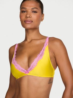 Victoria's Secret Saténová podprsenka Tease bez kostic s krajkovým lemem a hlubokým výstřihem