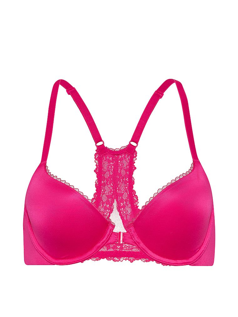 Lehce přišitá podprsenka zapnutá vpředu s krajkou vzadu Racerback Demi. Produkt je růžové barvy a pochází z kolekce Body by Victoria.