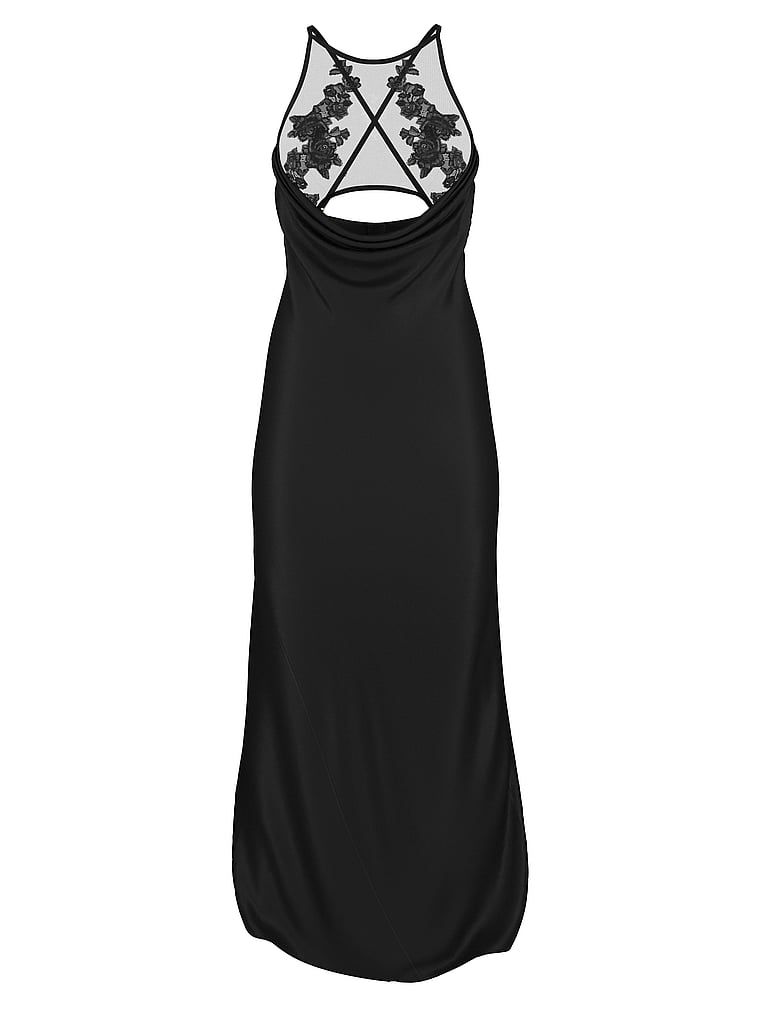 Saténové maxi šaty s krajkovým výstřihem Sheer Rose. Produkt je černý a pochází z kolekce Victoria's Secret.