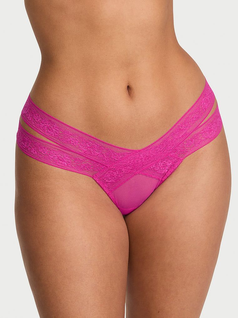 Very Sexy Tanga z krajky s motivem růže, s pásky a průstřihy