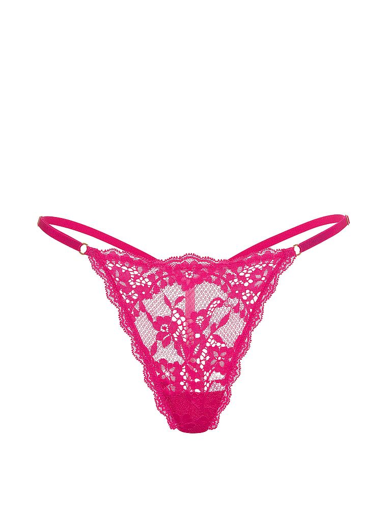 Krajkové tanga s nastavitelnými krajkovými V-stringy. Produkt je růžové barvy a pochází z kolekce Dream Angels.
