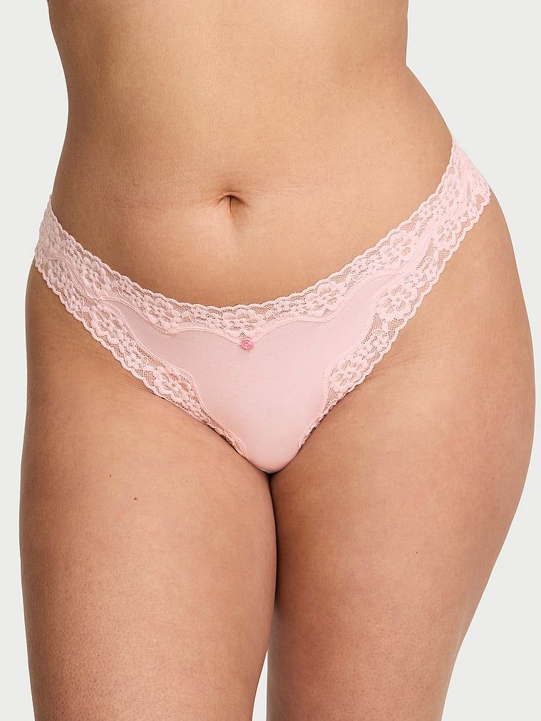 Lace Trim Bavlněná tanga s krajkovým pasem