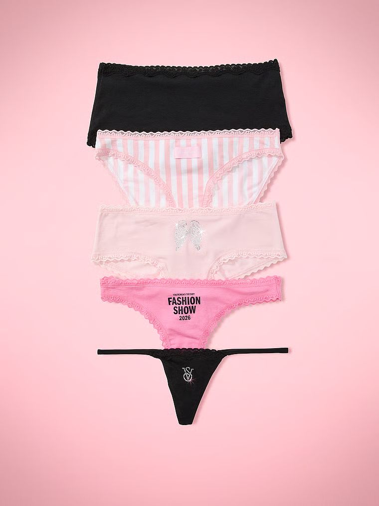 Victoria's Secret Módní přehlídka VS 2026 – balení 5 kusů bavlněných kalhotek s krajkovým lemem a různými střihy