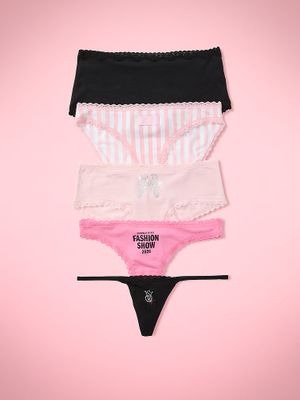 Victoria's Secret Módní přehlídka VS 2026 – balení 5 kusů bavlněných kalhotek s krajkovým lemem a různými střihy