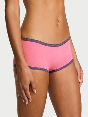 Lace Trim Bavlněné kalhotky Boyshort s krajkovým lemováním