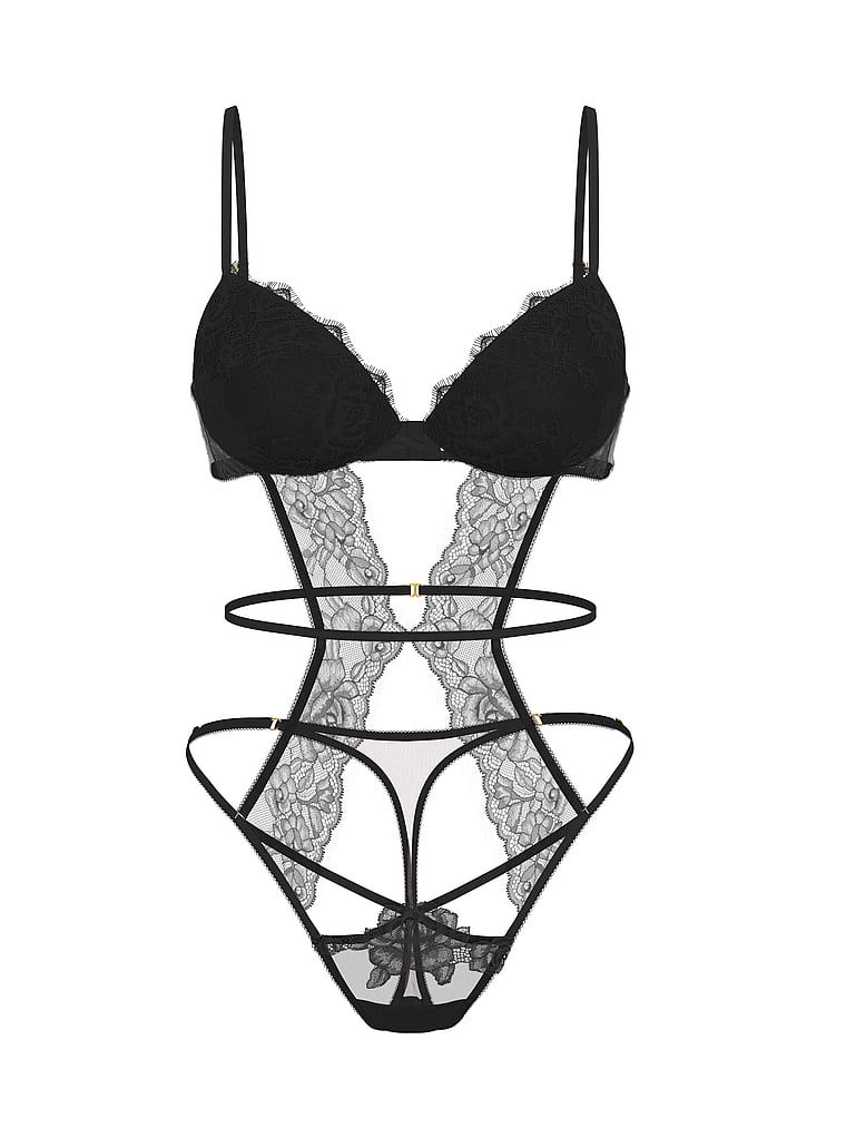 Růžová krajka Krajkové body na ramínka. Produkt je černý a pochází z kolekce Very Sexy.