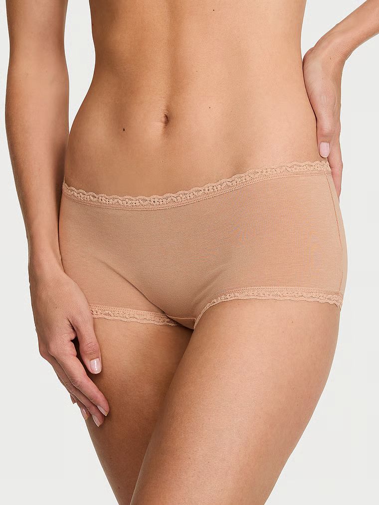 Lace Trim Bavlněné kalhotky Boyshort s krajkovým lemováním