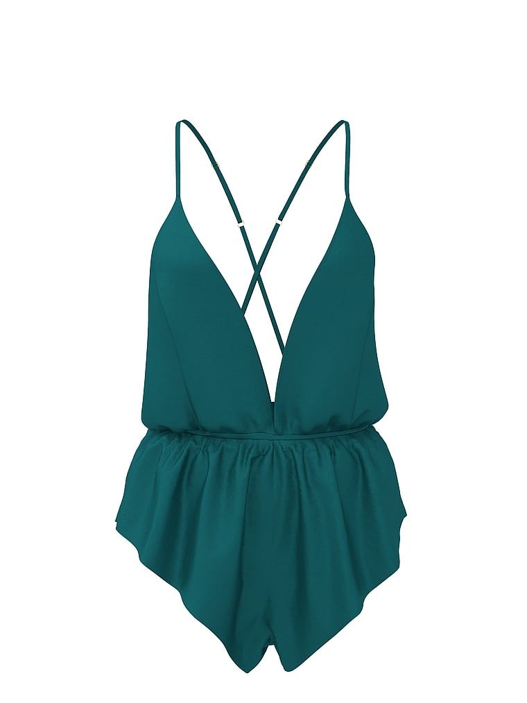 Flutter Romper, saténový pyžamový oblek. Produkt je modré barvy a pochází z kolekce Victoria's Secret.