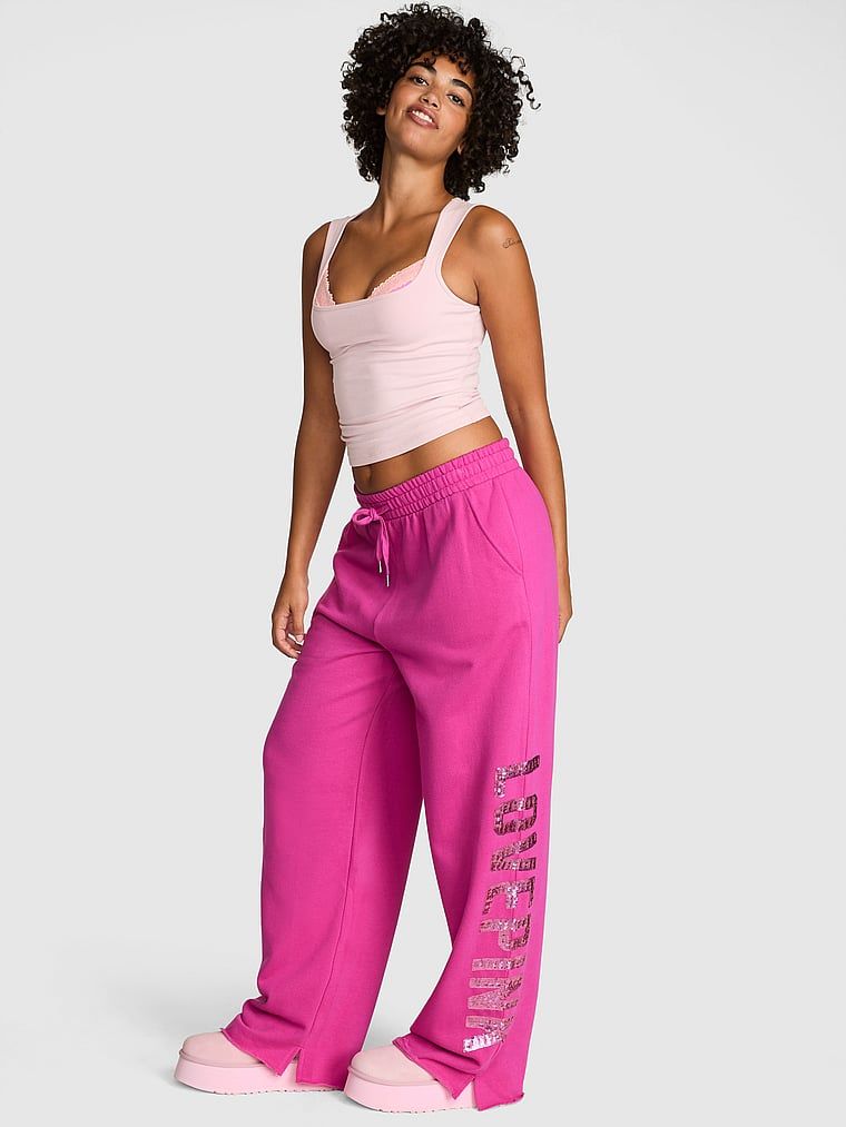 PINK Tepláky Campus Fleece se širokými nohavicemi a rozparky