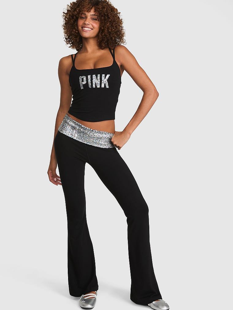 PINK Rozšířené legíny All-Day Cotton s ohrnovacím pasem