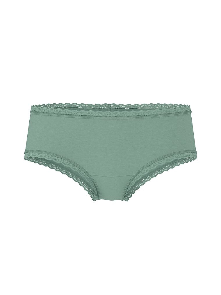 Bavlněné kalhotky s krajkou na okrajích Lace-Waist Cheeky. Produkt je zelený a pochází z kolekce Lacie.