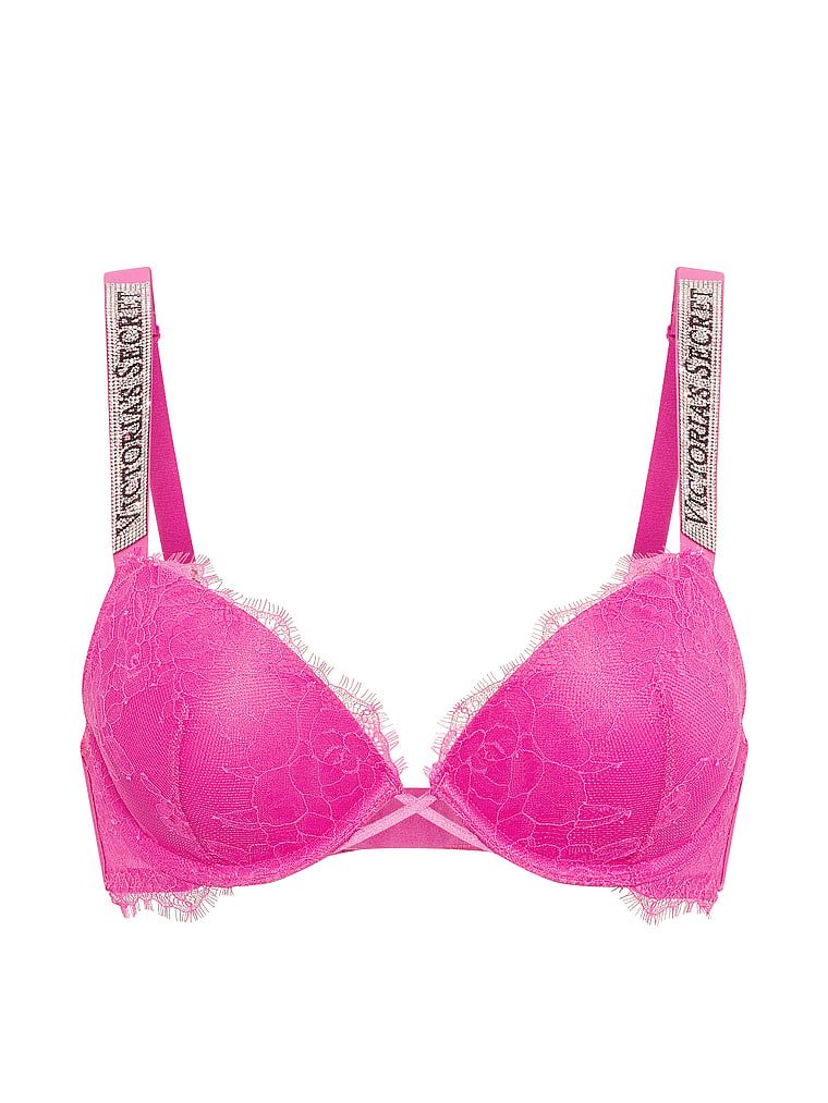 Krajková push-up podprsenka s lesklými ramínky Shine Strap. Produkt je růžové barvy a pochází z kolekce Very Sexy.
