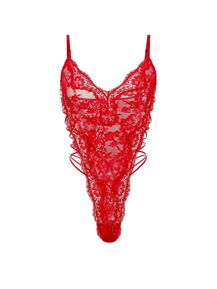 Krajkový overal s ramínky Peekaboo. Produkt je červené barvy a pochází z kolekce Dream Angels.