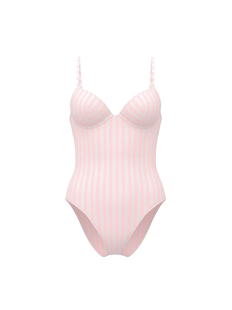 Jednodílné plavky Essential Heritage Stripe Balconette. Produkt je růžové barvy a pochází z kolekce Victoria's Secret Swim.