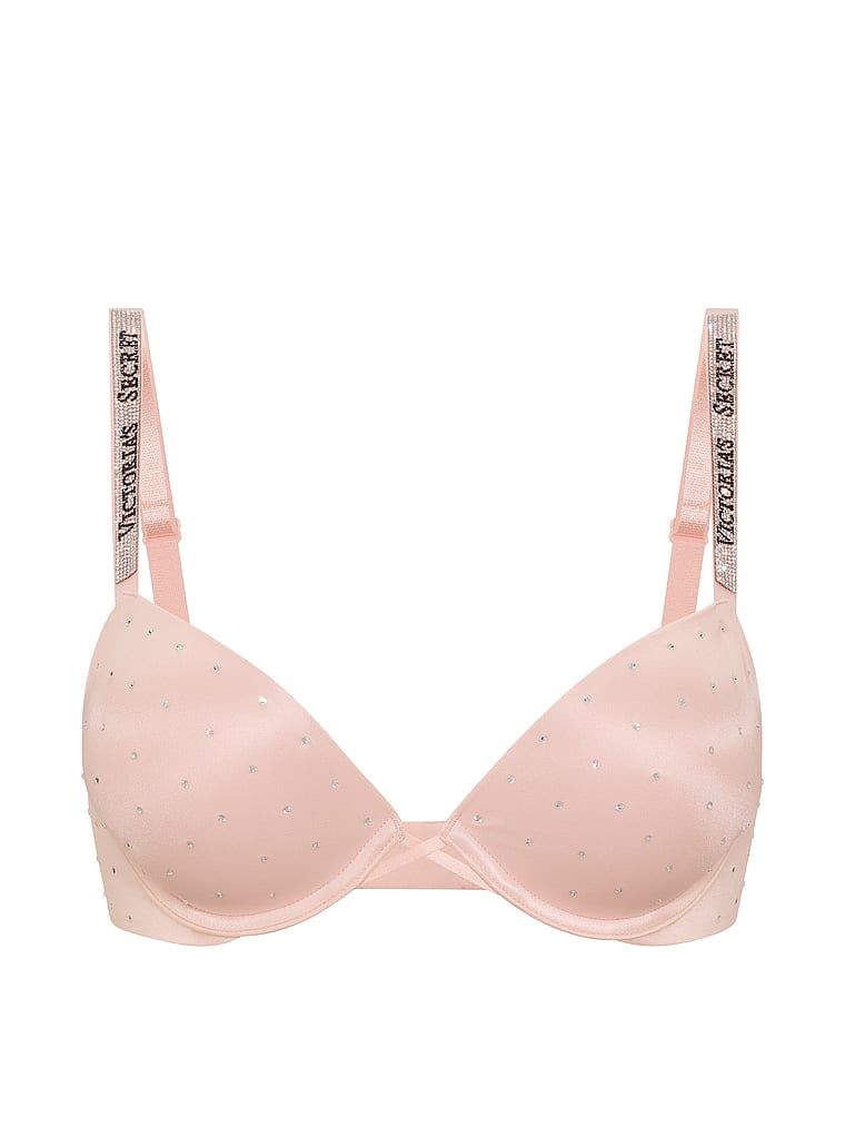 Push-up zvětšující podprsenka 2 velikosti Bombshell lesk s ramínkem tečkou. Produkt je růžové barvy a pochází z kolekce Very Sexy.