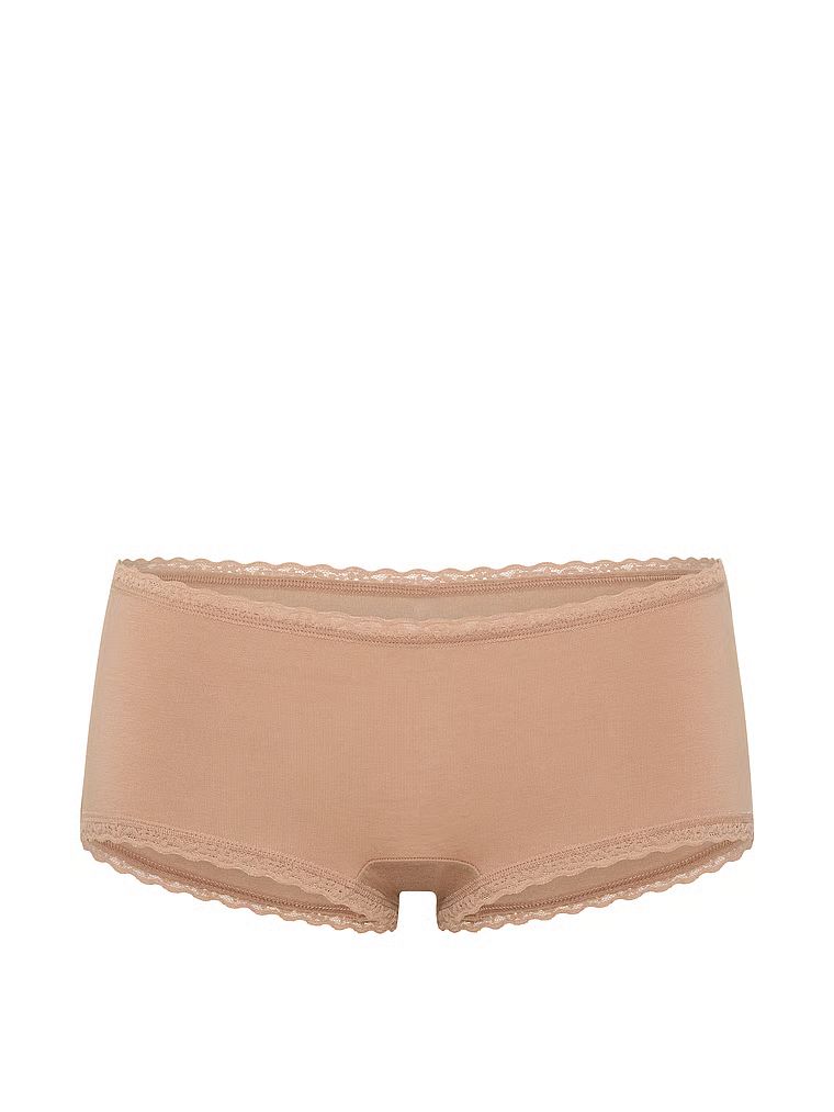 Bavlněné kraťasy s krajkou na okrajích, krajkové šortky s lemováním Boyshort. Produkt je béžový a pochází z kolekce Lace Trim.
