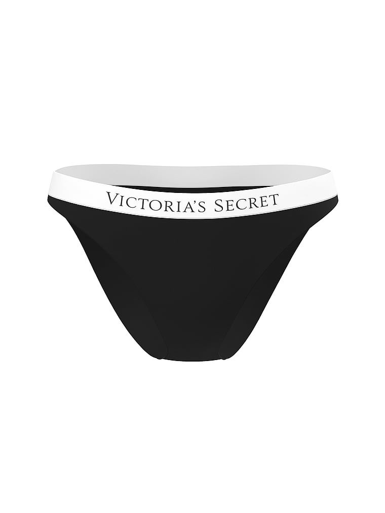 Spodní část bikin VS ikonické logo. Produkt je černý a pochází z kolekce Victoria's Secret Swim.