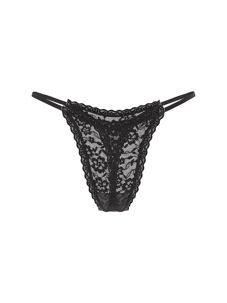 Tanga z rozkvetlé krajky. Produkt je černý a pochází z kolekce Lacie.