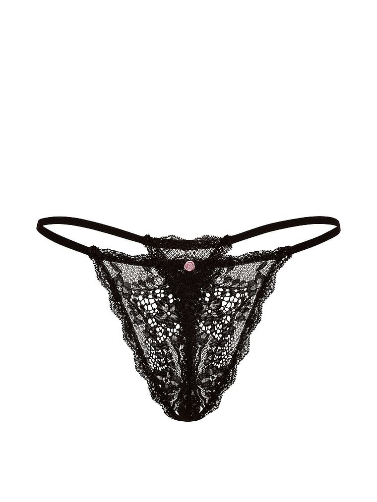 Peekaboo krajková tanga bez kroku. Produkt je černý a pochází z kolekce Dream Angels.