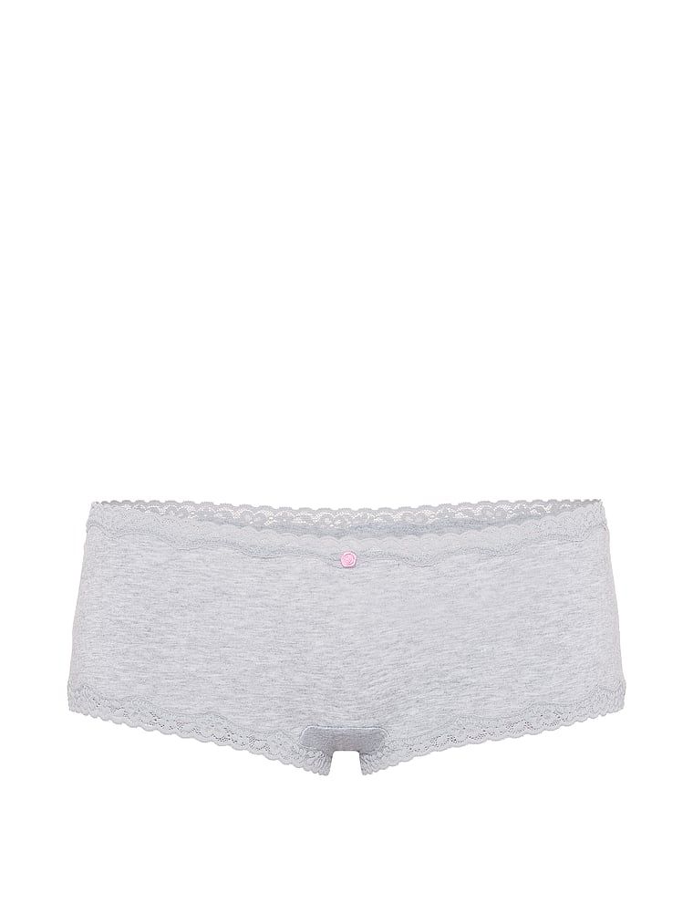 Bavlněné kraťasy s krajkou na okrajích, krajkové šortky s lemováním Boyshort. Produkt je šedé barvy a pochází z kolekce Lace Trim.