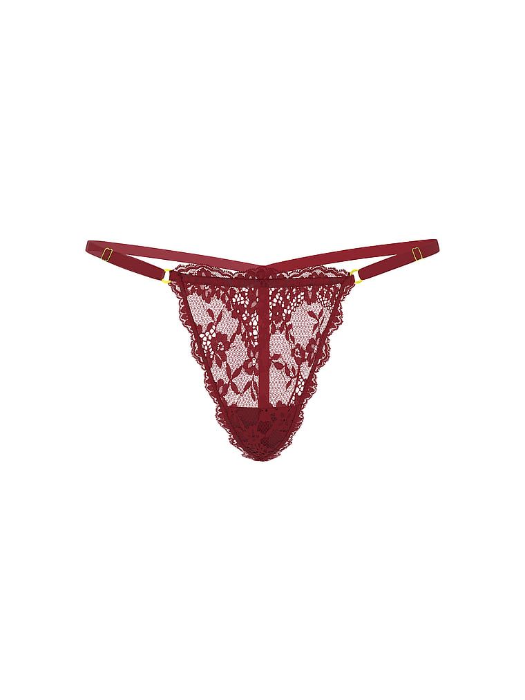 Krajková tanga s nastavitelnými řemínky Lace V-String. Výrobek je červené barvy a pochází z kolekce Dream Angels.