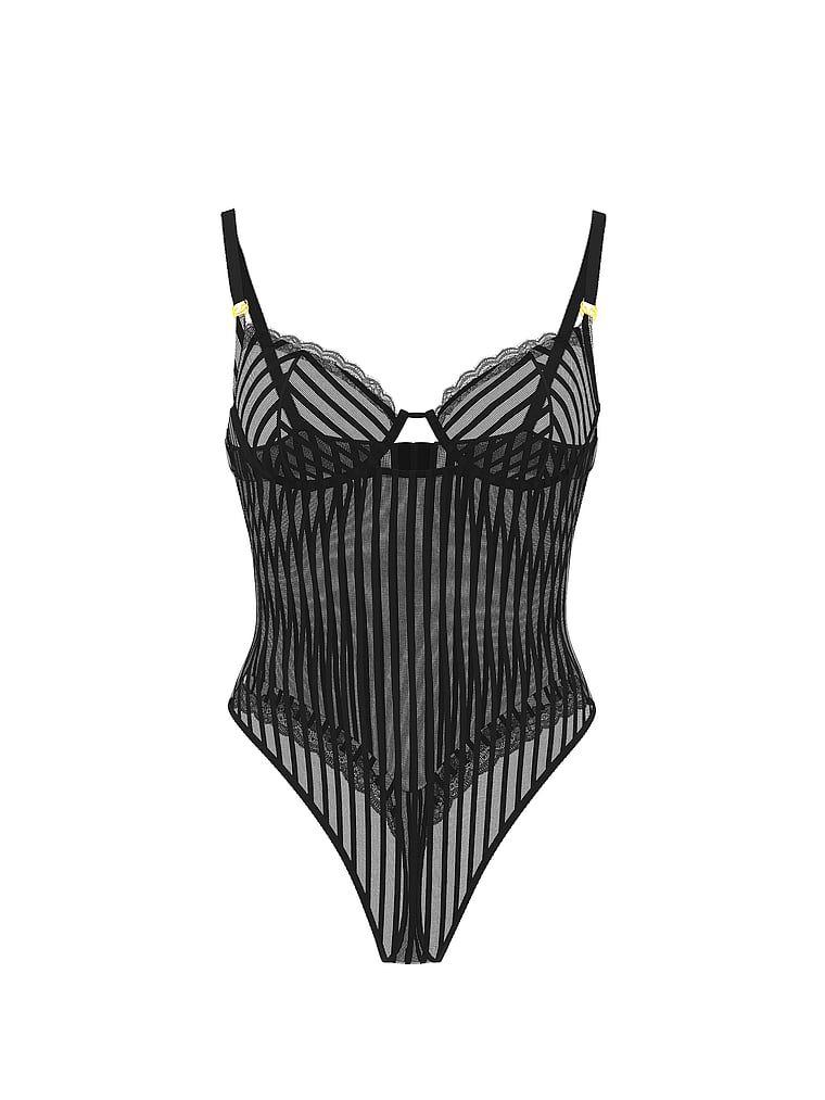 Tease body s průhlednými pruhy. Produkt je černý a pochází z kolekce Victoria's Secret.