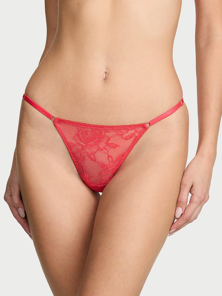 Krajkové tanga s nastavitelnými popruhy Hardware. Produkt je růžové barvy a pochází z kolekce Very Sexy.