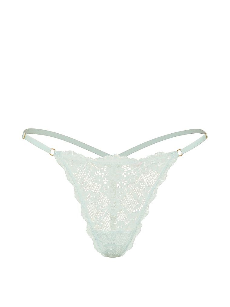 Krajkové tanga s nastavitelnými krajkovými V-stringy. Produkt je modré barvy a pochází z kolekce Dream Angels.