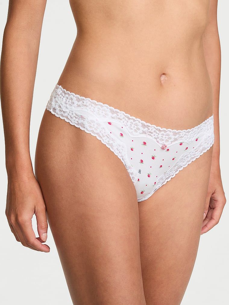 Lace Trim Bavlněná tanga s krajkovým pasem