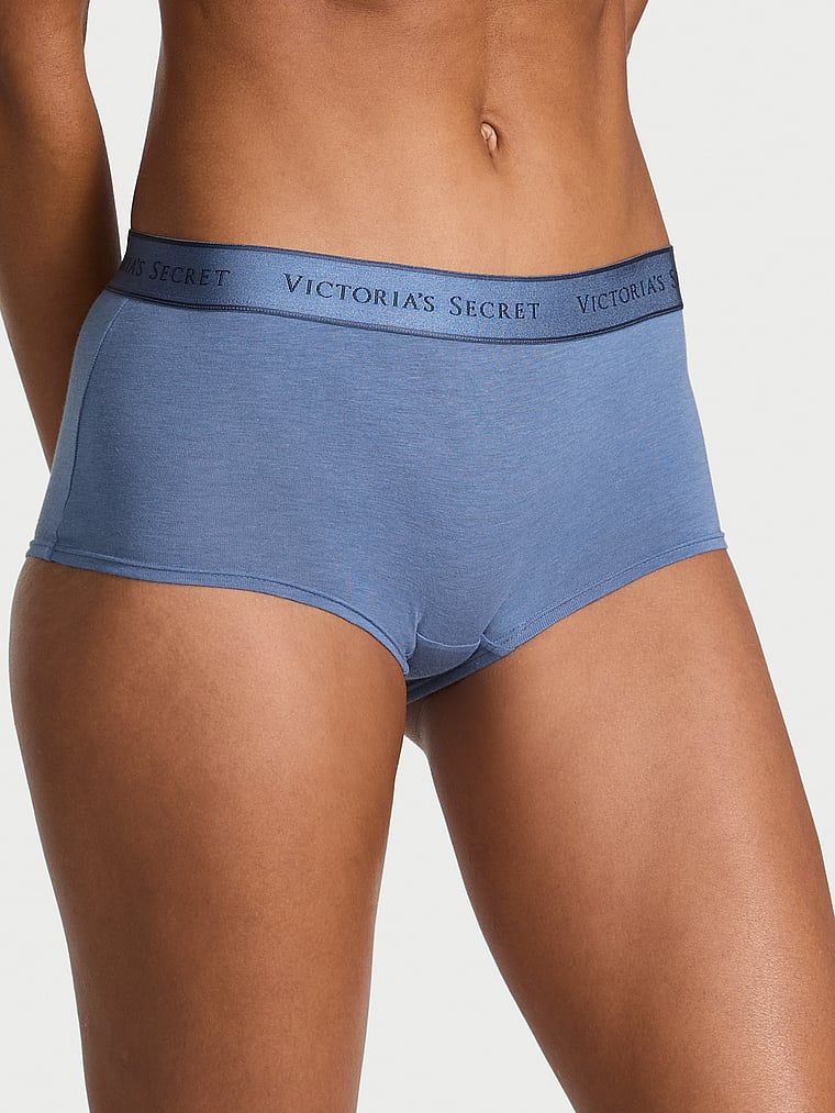 Bavlněné kalhotky s logem v pase Boyshort. Výrobek je modrý a pochází z kolekce Cotton.