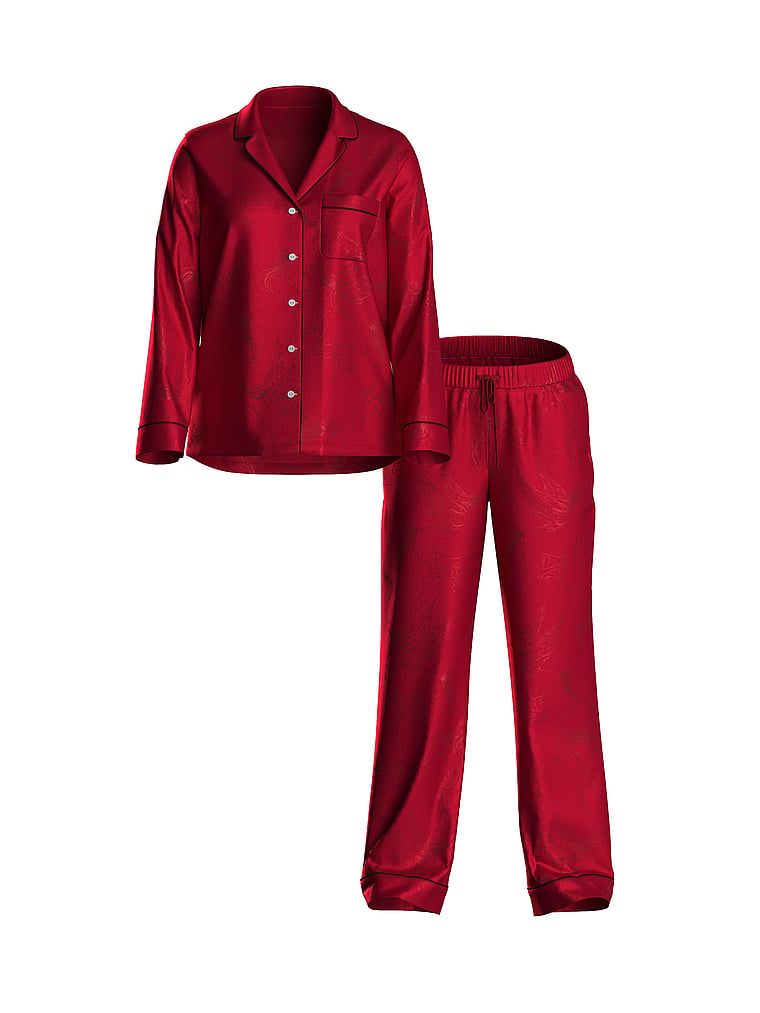 Lesklé saténové saténové pyžamo s dlouhým rukávem. Produkt je vzorovaný a pochází z kolekce Victoria's Secret.