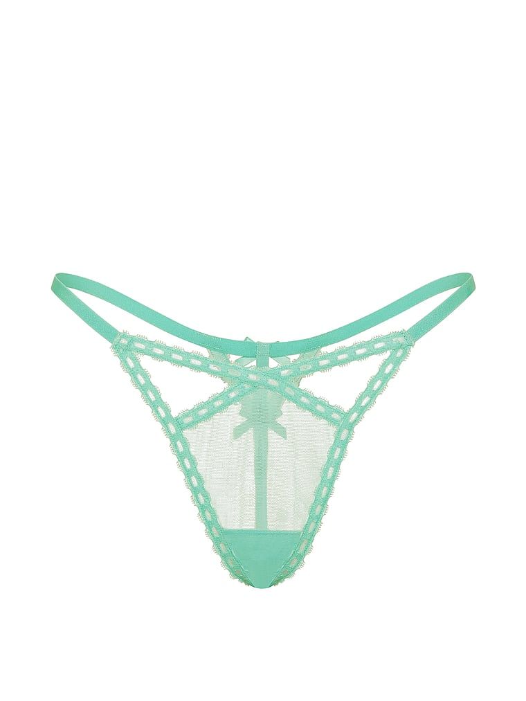 Síťované tanga s páskovým otvorem. Produkt je modré barvy a pochází z kolekce Dream Angels.