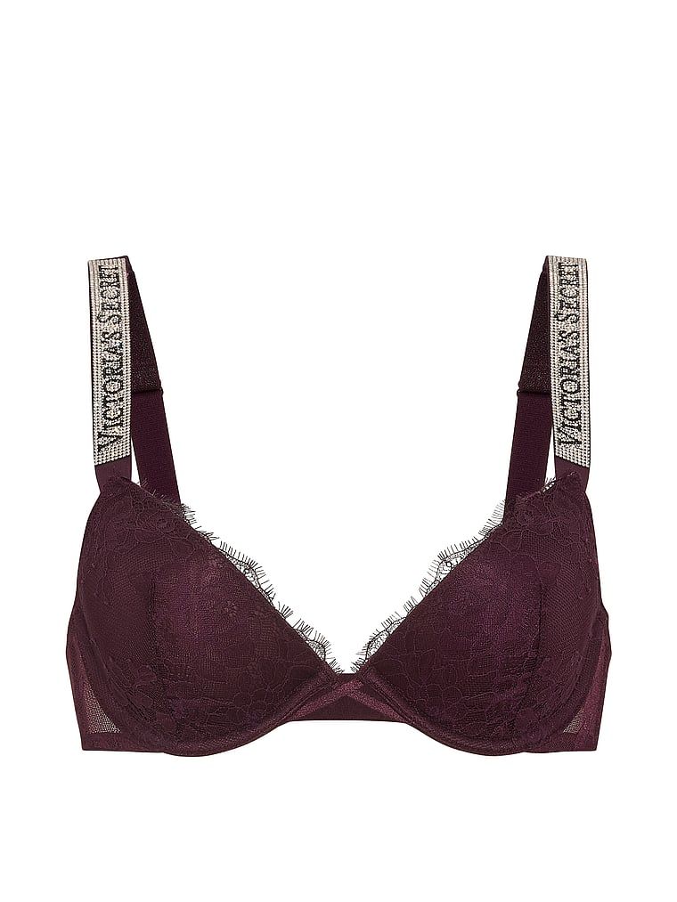 Mírně vycpávaná krajková podprsenka s lesklými ramínky Shine Strap Demi. Produkt je fialové barvy a pochází z kolekce Very Sexy.