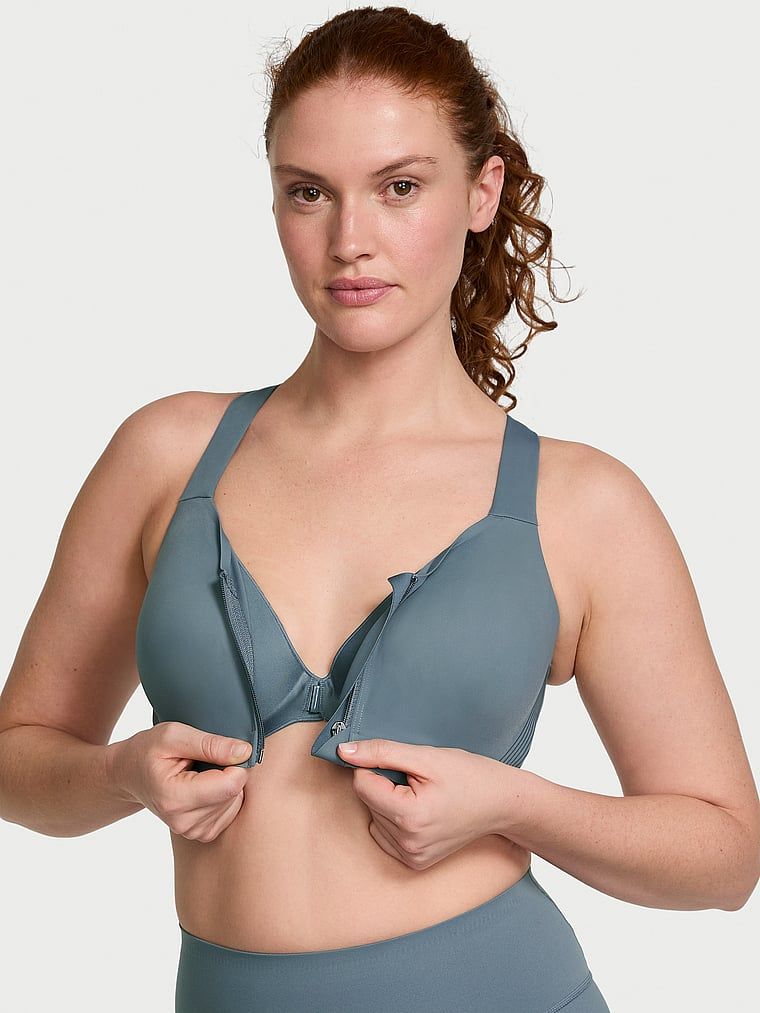 Sportovní podprsenka s maximální podporou se zipem Knockout Front-Close. Produkt je šedý a pochází z kolekce VSX.