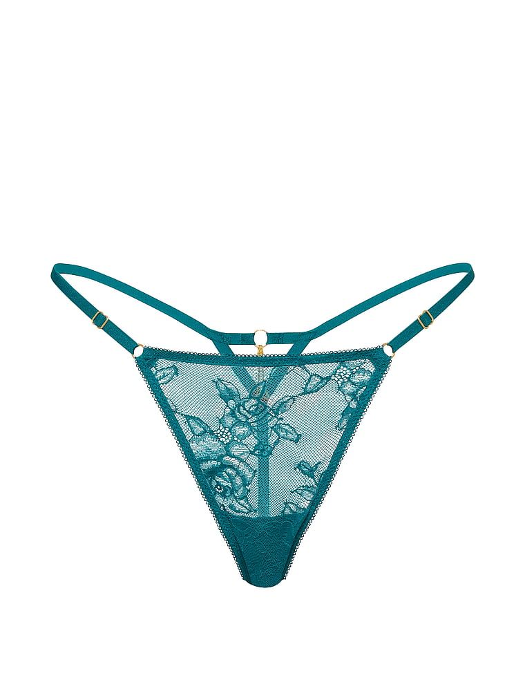 Krajkové tanga s nastavitelnými popruhy Hardware. Produkt je modré barvy a pochází z kolekce Very Sexy.