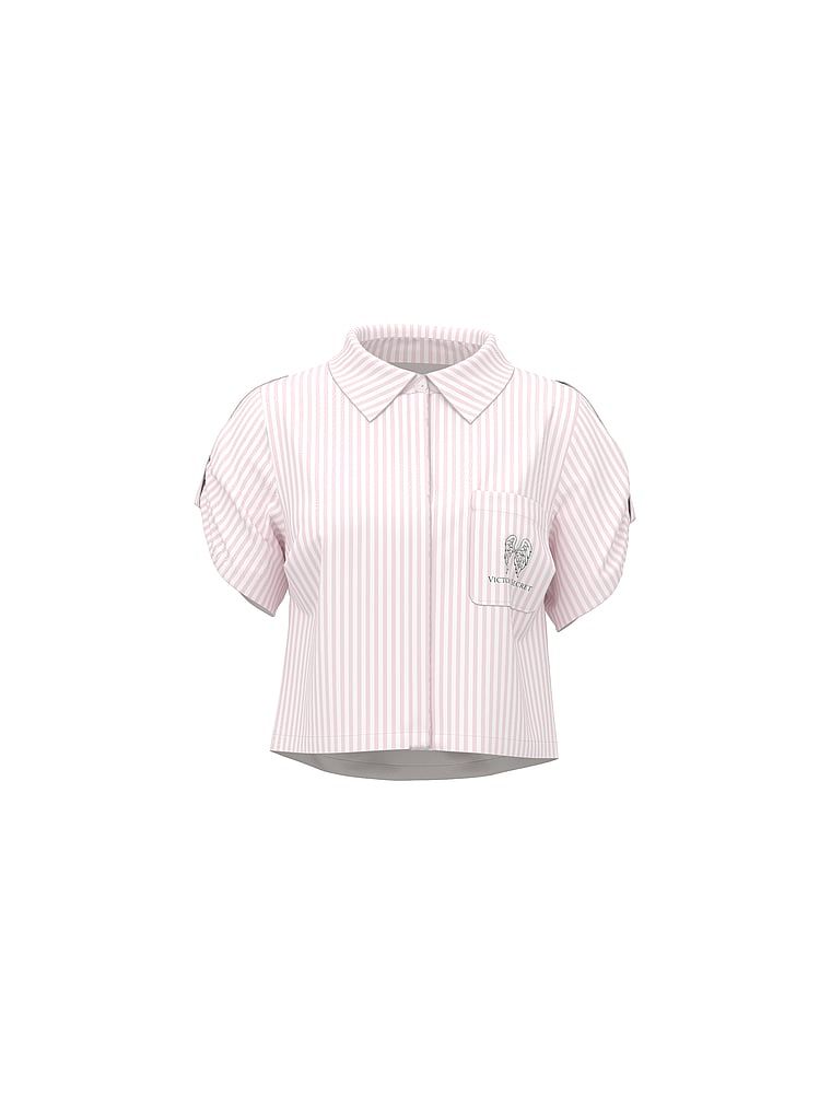 Lněná košilová halenka s krátkými rukávy pro pláž Plážové oblečení Heritage Stripe. Produkt je vzorovaný a pochází z kolekce Victoria's Secret Swim.