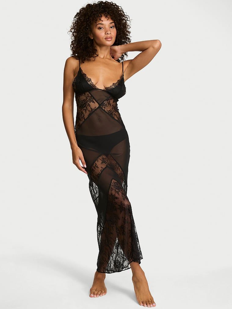 Very Sexy Šifonová maxi noční košilka s růžovou krajkou