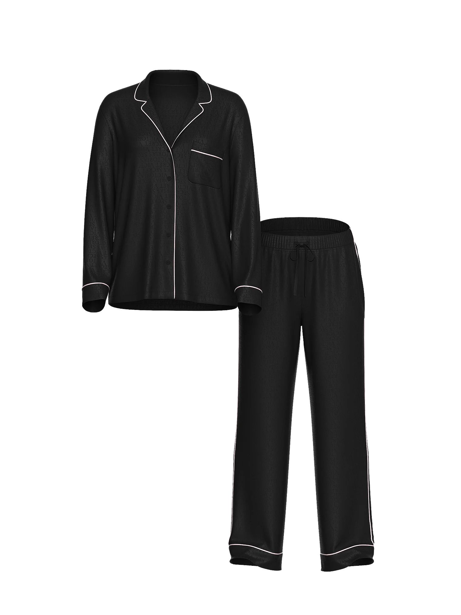 Saténové pyžamo s dlouhými rukávy. Produkt je černý a pochází z kolekce Victoria's Secret.