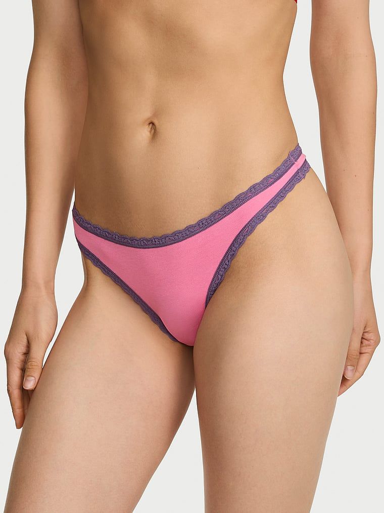 Lace Trim Bavlněná tanga s krajkou v pase