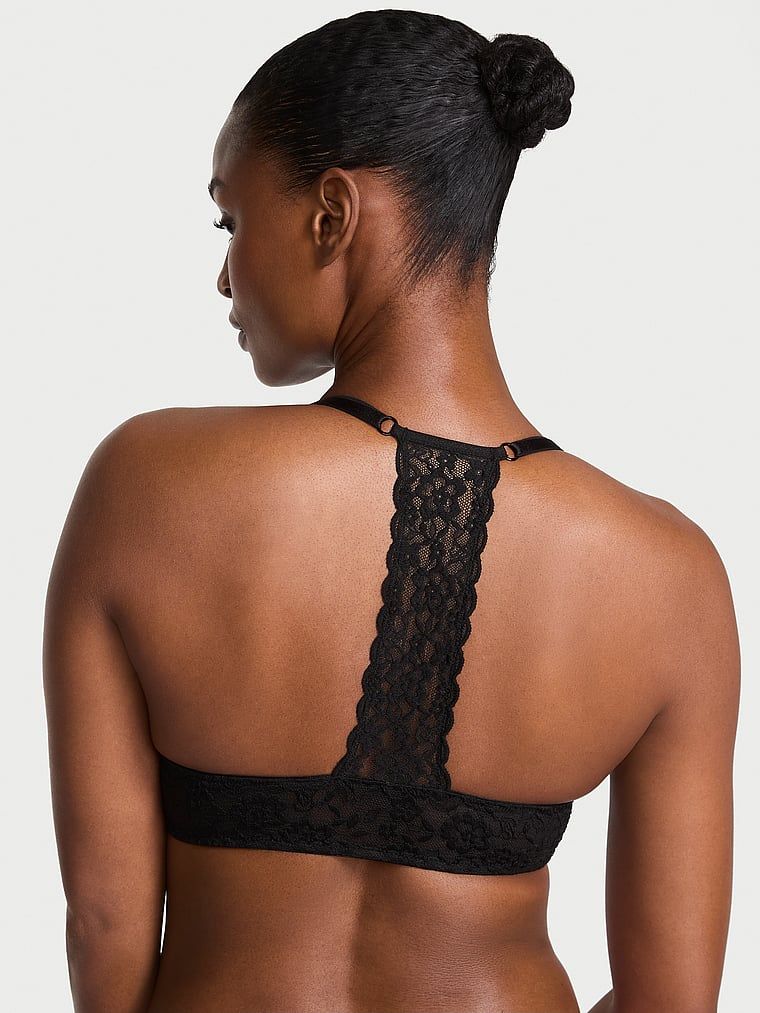 Push-up podprsenka se zapínáním vpředu a šněrováním vzadu Sexy tričko. Produkt je černý a pochází z kolekce Victoria's Secret.